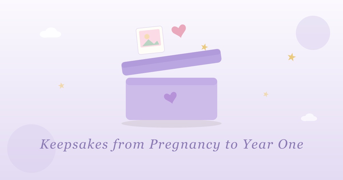 Pastel illustration of an open keepsake box with a heart, a star, and a small photo floating out, captioned keepsakes from pregnancy to year one