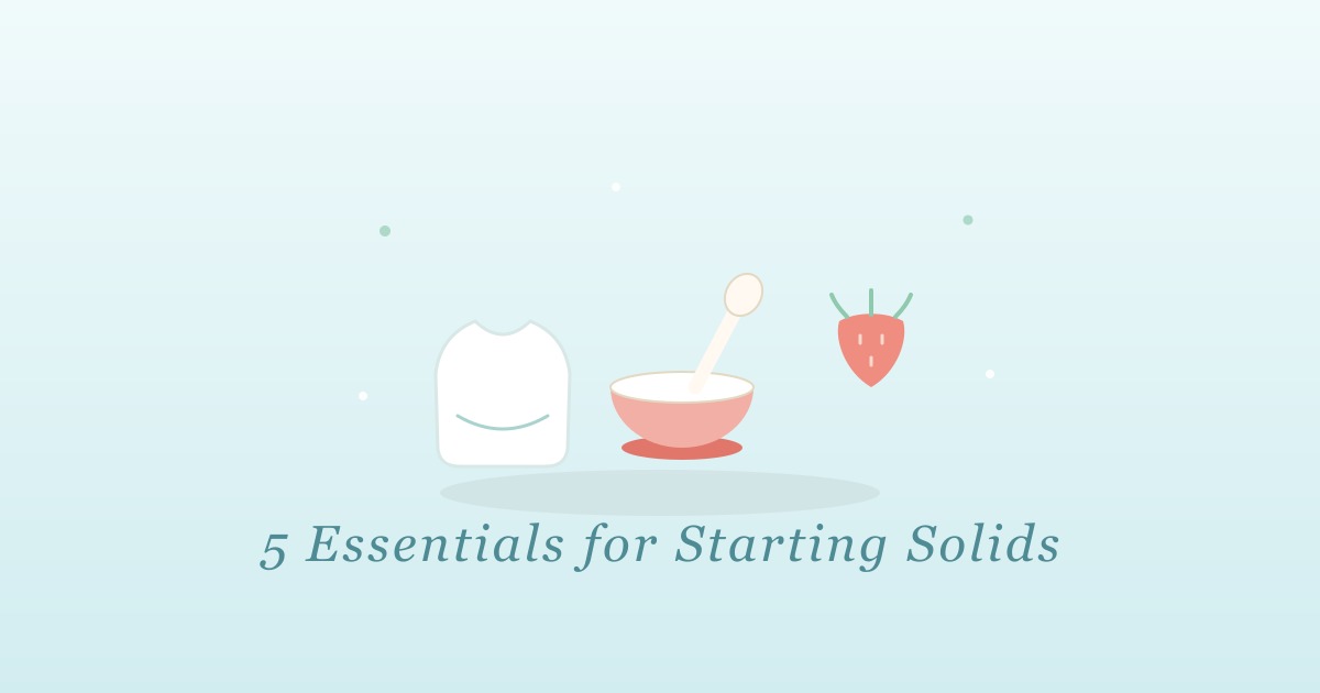 Pastel illustration of a bib, a suction bowl with a spoon, and a strawberry, captioned 5 essentials for starting solids