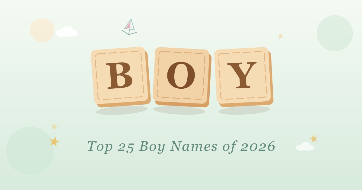 Pastel wooden letter blocks spelling BOY above the caption Top 25 Boy Names of 2026