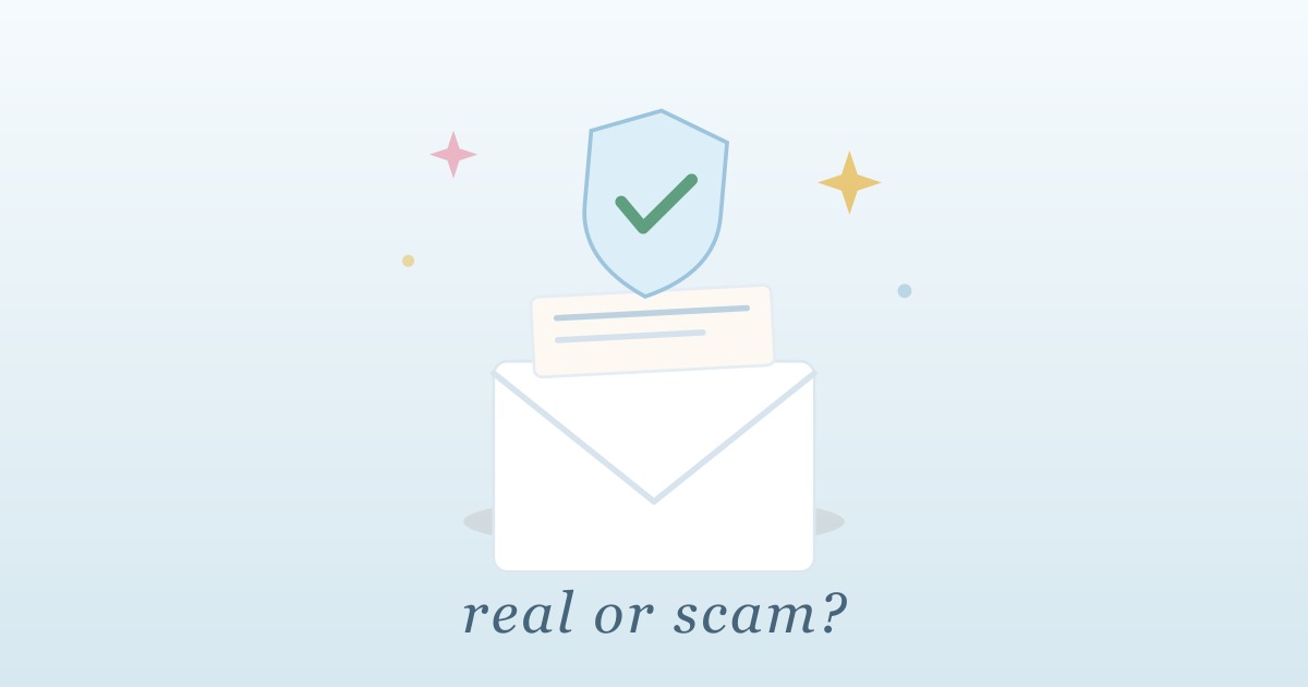 Pastel illustration of an opened envelope with a small shield and checkmark floating above it, captioned real or scam
