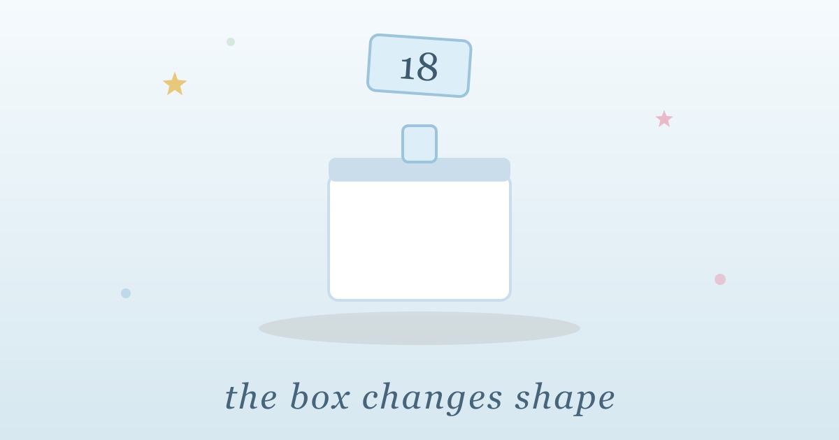 Pastel illustration of a box with a number 18 block floating above it, captioned the box changes shape
